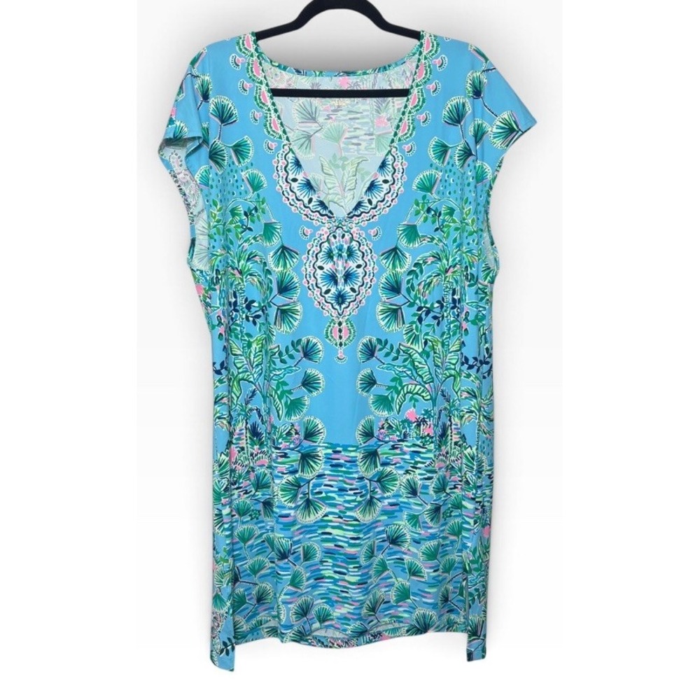 Lilly Pulitzer Talli Cover Up Size L Blue Tropical Print Resort Beach Stretch